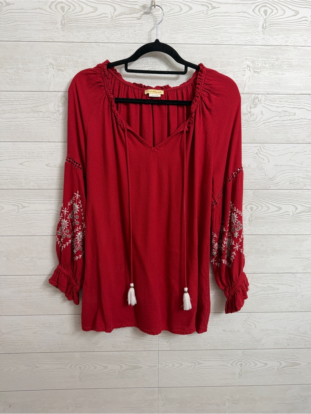 Sweet Magnolia Crimson Peasant Blouse with White Embroidered Sleeves. Size L